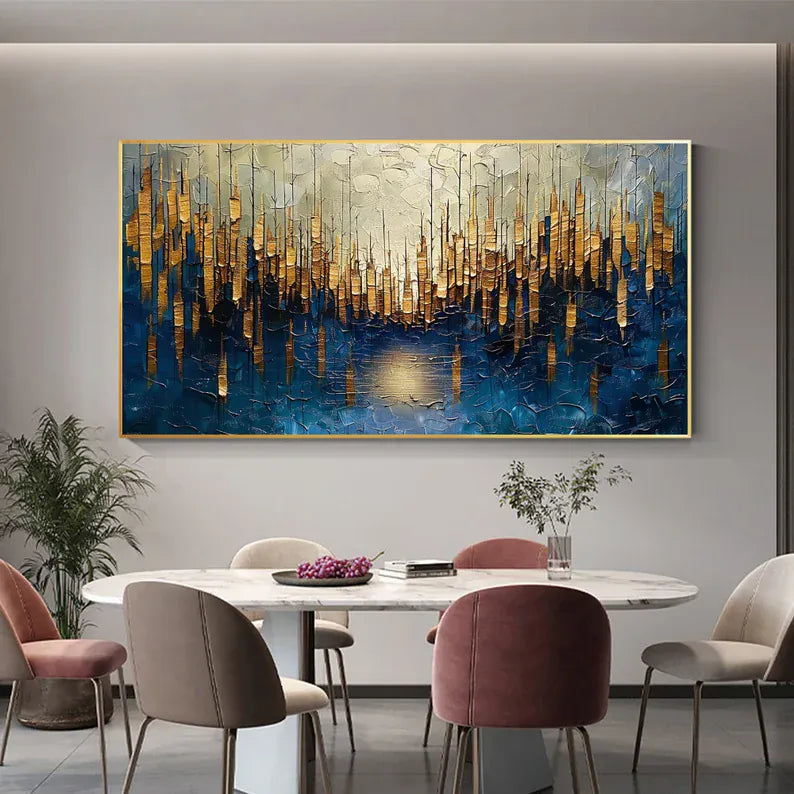 Abstract Cityscape Wall Art – Golden Skyline Reflection Painting#yy260623033