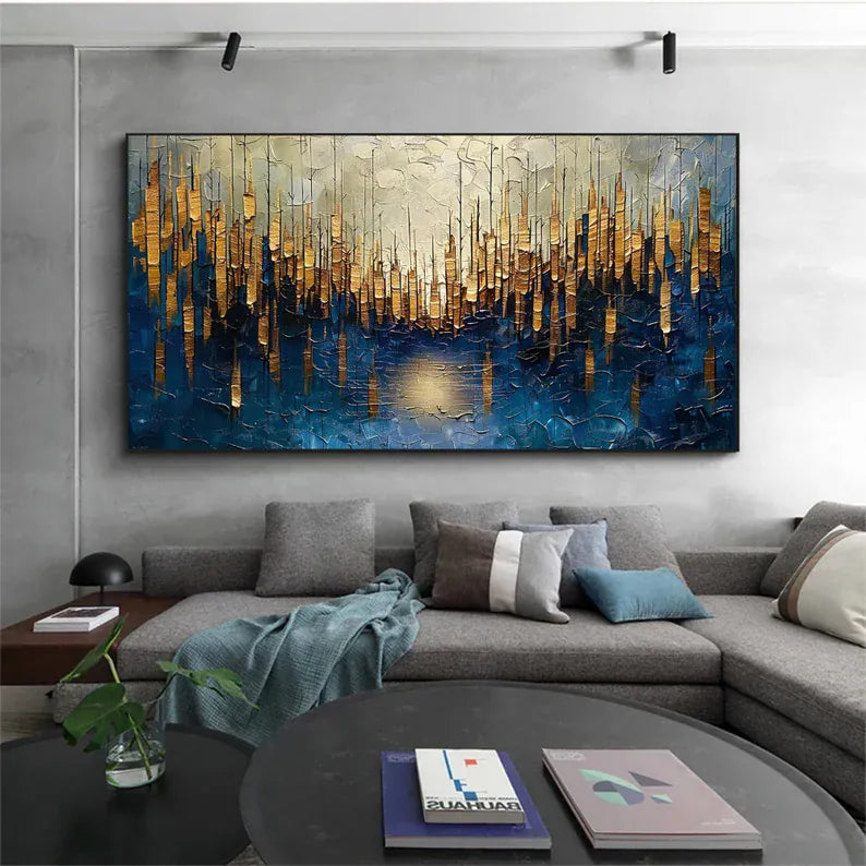Abstract Cityscape Wall Art – Golden Skyline Reflection Painting#yy260623033