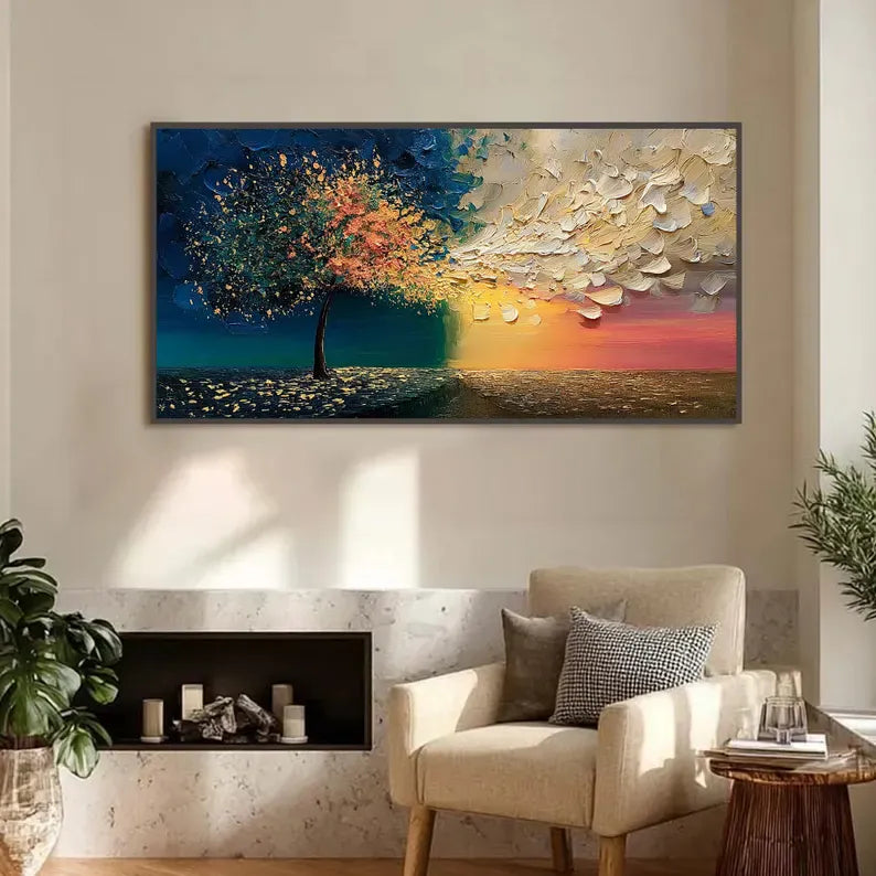 texture Abstract Tree Wall Art – Split Color Landscape Painting#yy260623034