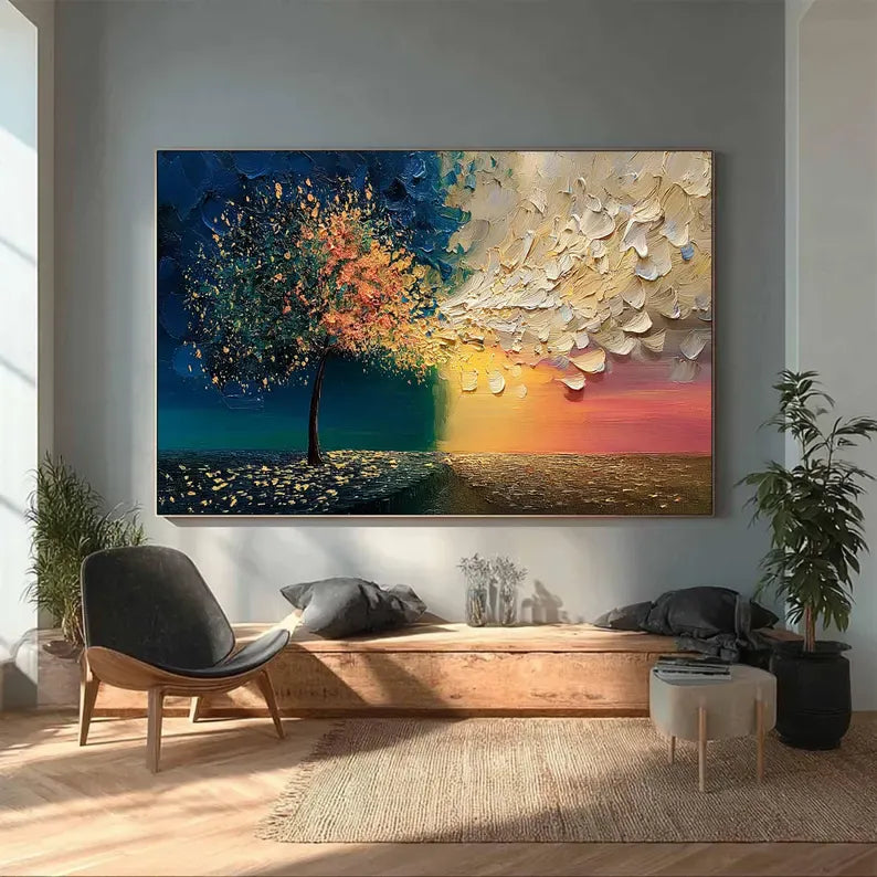 Abstract Tree Wall Art – Split Color Landscape Painting#yy260623034