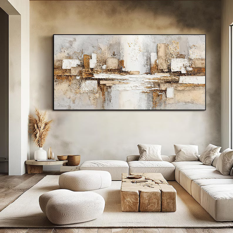 Abstract Architectural Wall Art – Beige Gold Textured Relief Painting#yy260623038