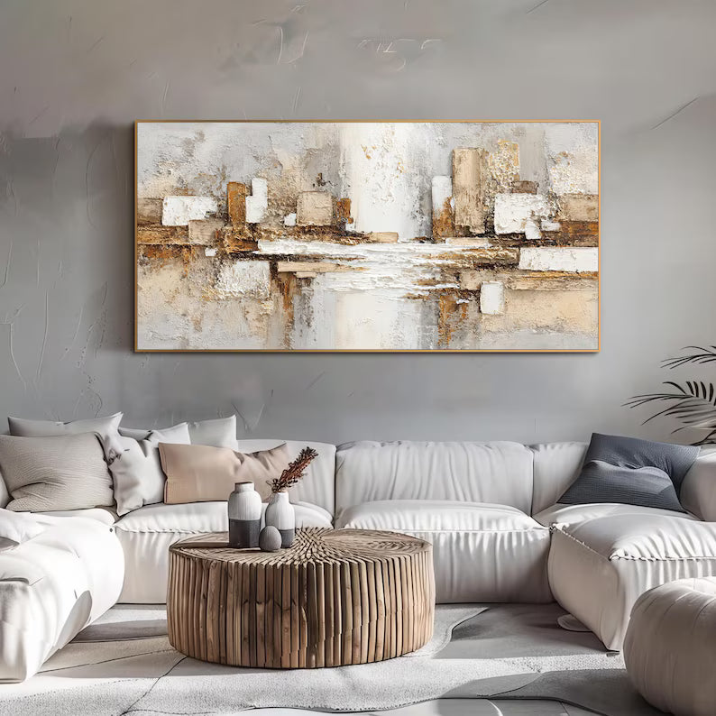 Abstract Architectural Wall Art – Beige Gold Textured Relief Painting#yy260623038