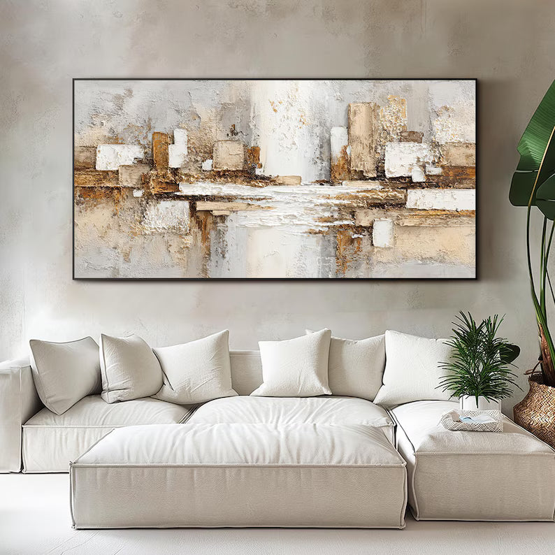 Abstract Architectural Wall Art – Beige Gold Textured Relief Painting#yy260623038