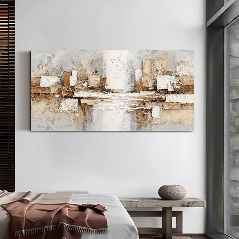 Abstract Architectural Wall Art – Beige Gold Textured Relief Painting#yy260623038