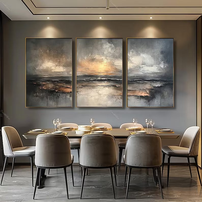 Abstract Ocean Wall Art Set of 3 – Sunset Horizon Triptych Painting#yy260623041