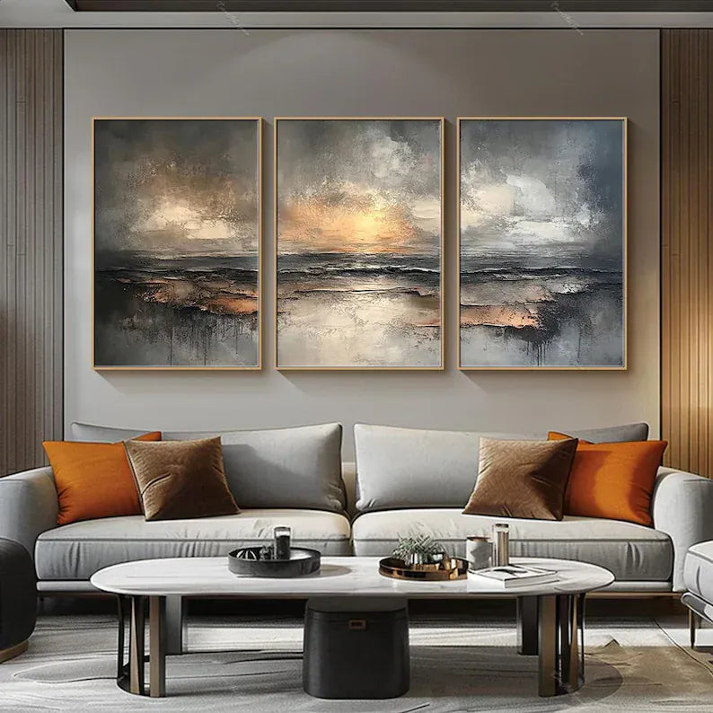 Abstract Ocean Wall Art Set of 3 – Sunset Horizon Triptych Painting#yy260623041