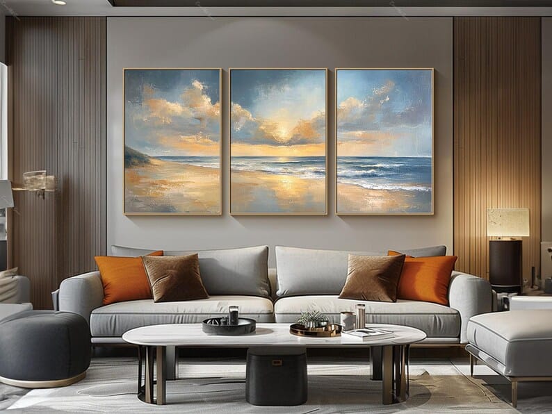 texture Ocean Sunrise Wall Art Set of 3 – Coastal Seascape Triptych Painting#yy260623042
