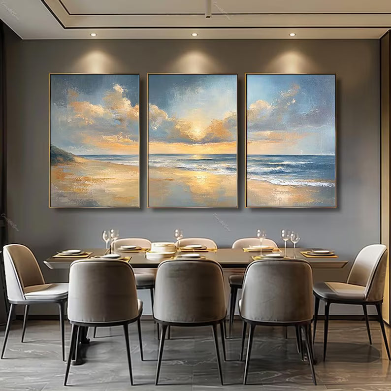 Ocean Sunrise Wall Art Set of 3 – Coastal Seascape Triptych Painting#yy260623042