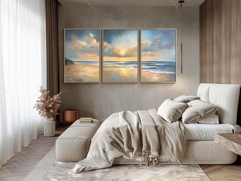Ocean Sunrise Wall Art Set of 3 – Coastal Seascape Triptych Painting#yy260623042