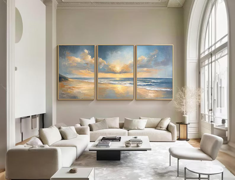Ocean Sunrise Wall Art Set of 3 – Coastal Seascape Triptych Painting#yy260623042