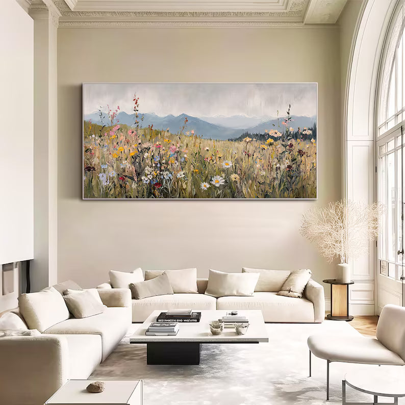 Wildflower Meadow Wall Art – Mountain Landscape Painting#yy260623043