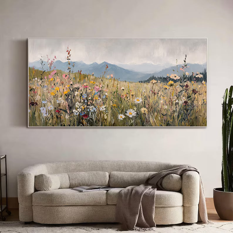 Wildflower Meadow Wall Art – Mountain Landscape Painting#yy260623043