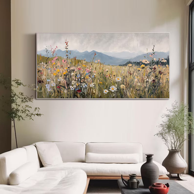 Wildflower Meadow Wall Art – Mountain Landscape Painting#yy260623043
