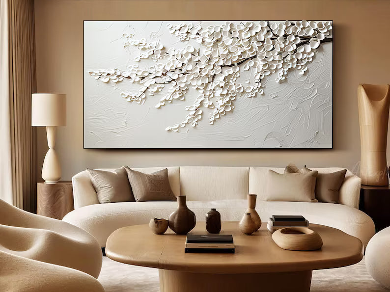 Abstract White Wall Art – Minimal Floral Relief Painting#yy260623044