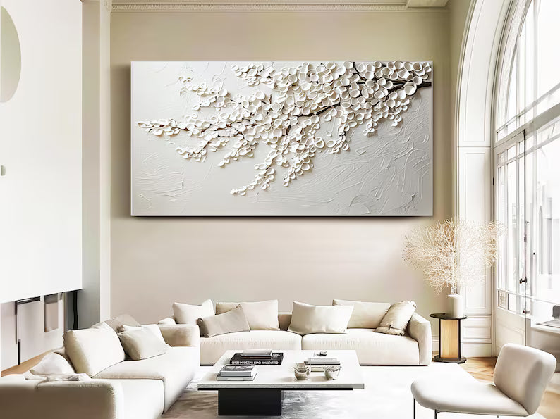 Abstract White Wall Art – Minimal Floral Relief Painting#yy260623044