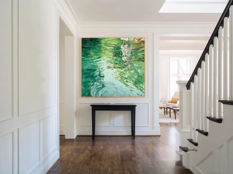 Abstract Water Reflection Wall Art – Green Fluid Landscape Painting#yy260623060