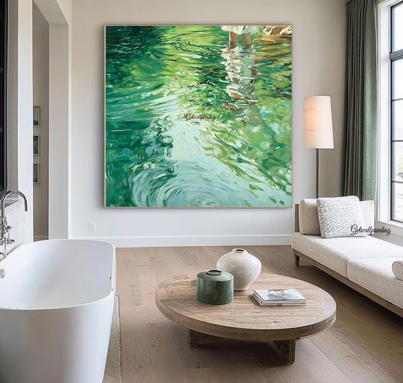 Abstract Water Reflection Wall Art – Green Fluid Landscape Painting#yy260623060