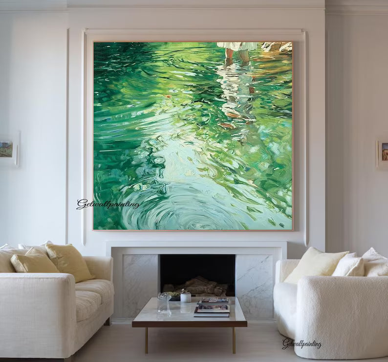 Abstract Water Reflection Wall Art – Green Fluid Landscape Painting#yy260623060