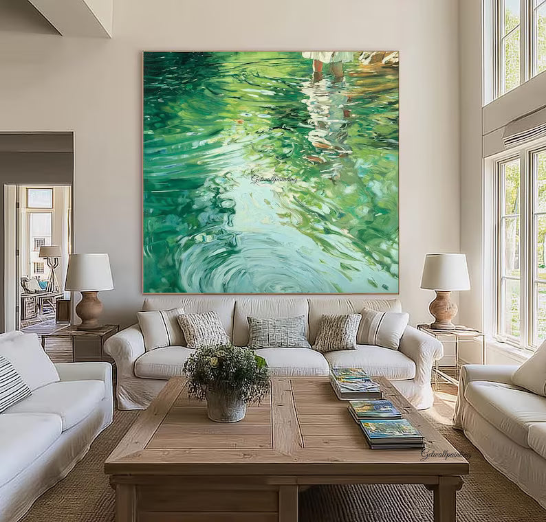 Abstract Water Reflection Wall Art – Green Fluid Landscape Painting#yy260623060