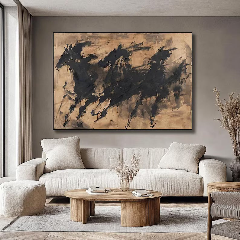 Abstract Horse Wall Art – Ink Brush Galloping Horses Painting#yy260623062