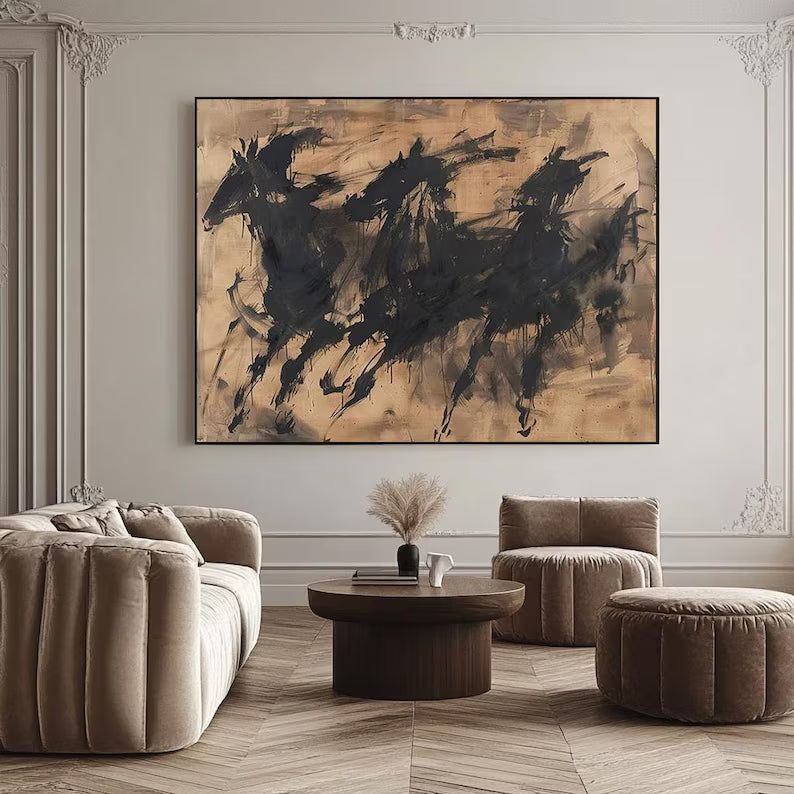 Abstract Horse Wall Art – Ink Brush Galloping Horses Painting#yy260623062