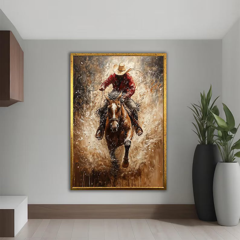 Cowboy Horse Wall Art – Dynamic Western Rider Painting#yy260623065