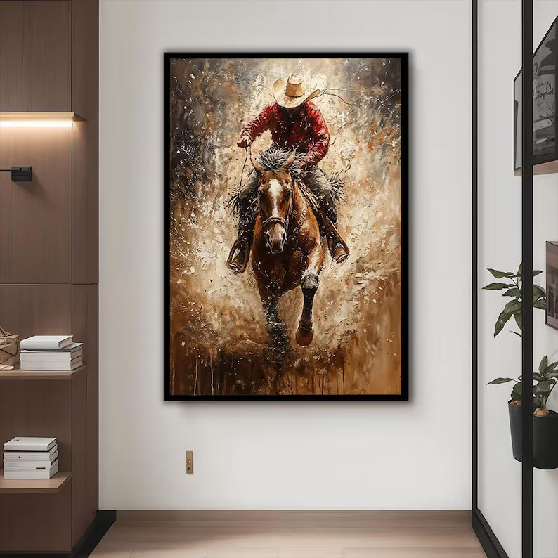 Cowboy Horse Wall Art – Dynamic Western Rider Painting#yy260623065
