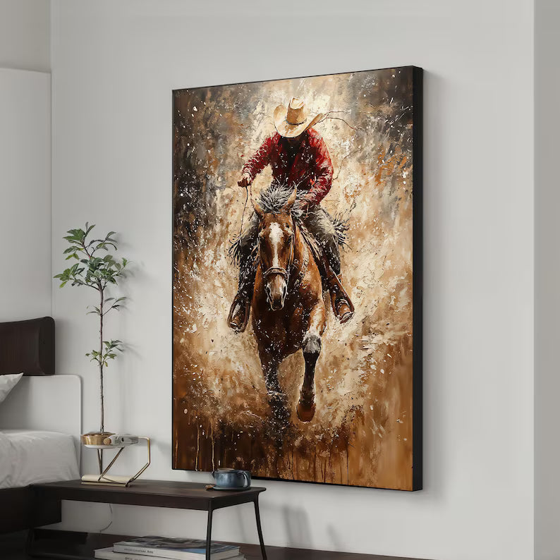 Cowboy Horse Wall Art – Dynamic Western Rider Painting#yy260623065