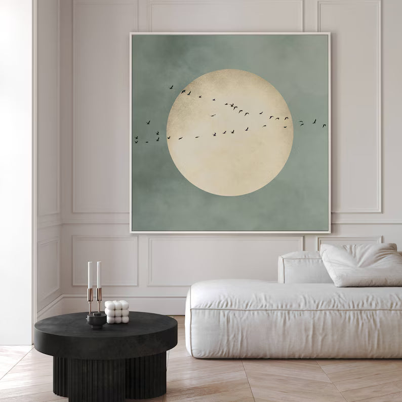 Minimal Moon Wall Art – Abstract Birds Flying Painting#yy260623076
