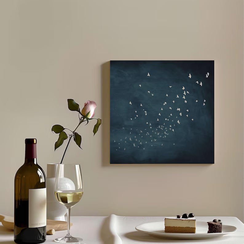 Minimal Birds Wall Art – Abstract Flock in Blue Sky Painting#yy260623077