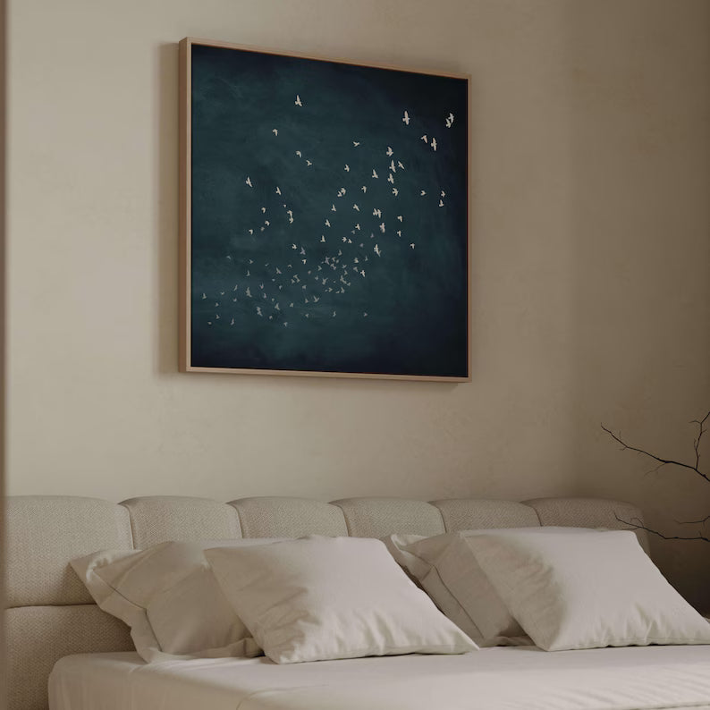 Minimal Birds Wall Art – Abstract Flock in Blue Sky Painting#yy260623077