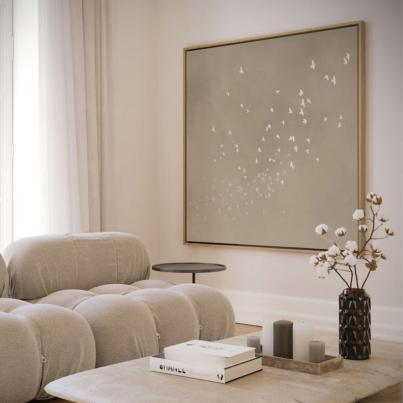 Minimal Bird Wall Art – Neutral Beige Abstract Flying Birds Painting#yy260623079