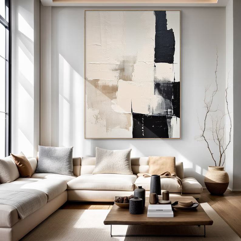 Minimal Abstract Black Beige Textured Oil Painting Wall Art – Modern Neutral Canvas Artwork#yy260623082