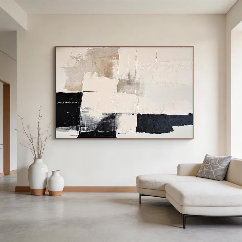 Minimal Abstract Black Beige Textured Oil Painting Wall Art – Modern Neutral Canvas Artwork#yy260623082