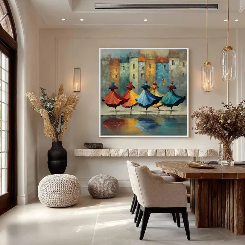 Colorful Dancing Figures Wall Art – Abstract Cityscape Reflection Painting#yy260623083