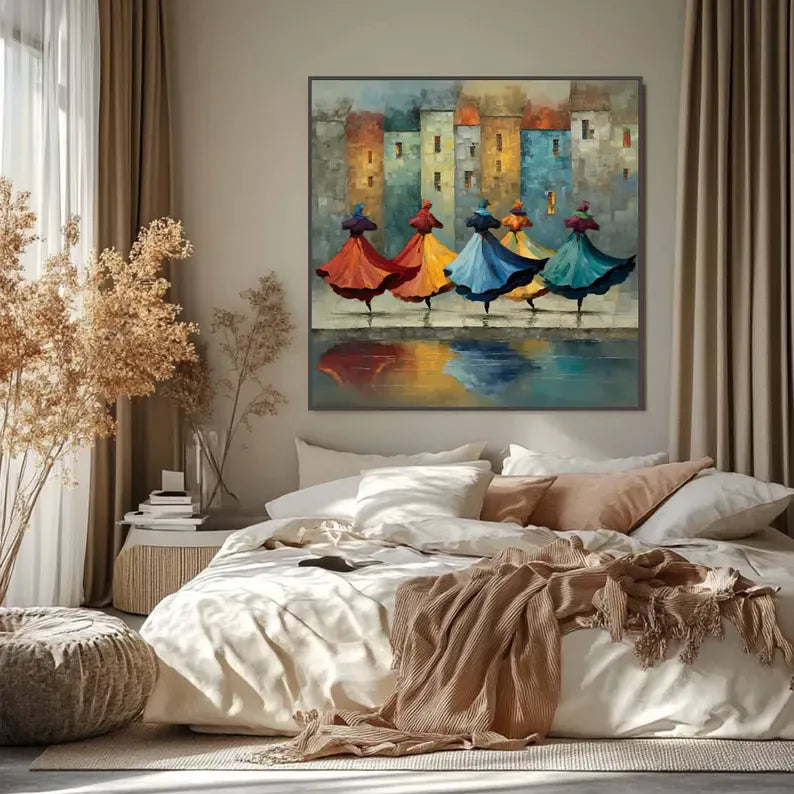 Wabi Sabi Colorful Dancing Figures Wall Art – Abstract Cityscape Reflection Painting#yy260623083