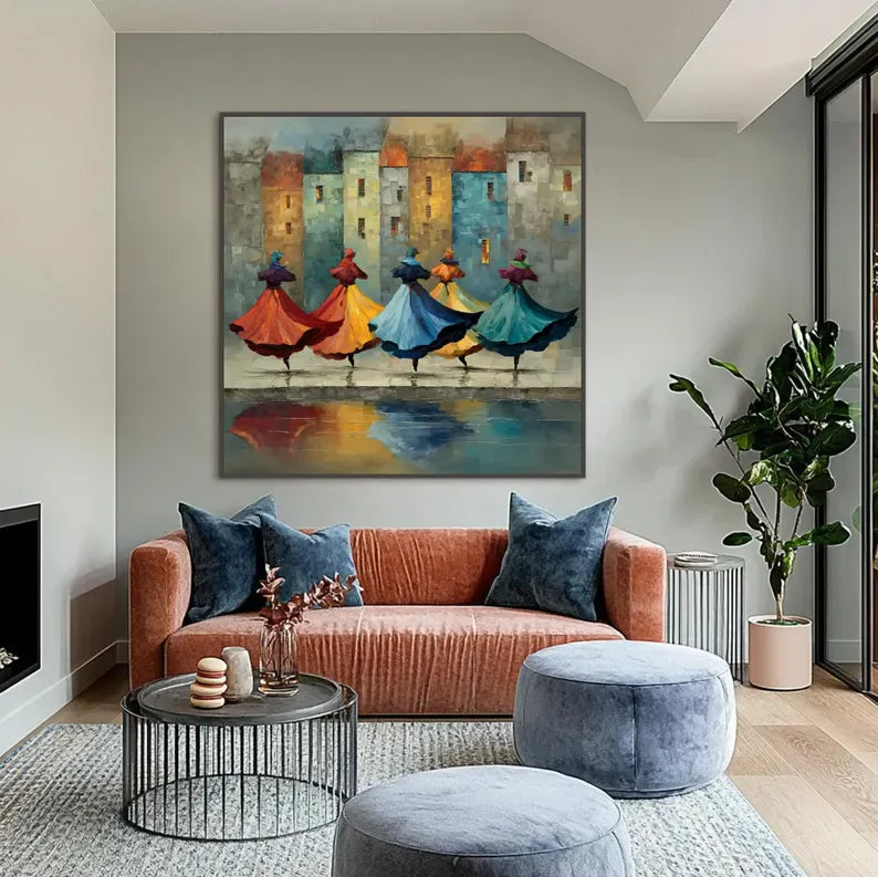 Colorful Dancing Figures Wall Art – Abstract Cityscape Reflection Painting#yy260623083