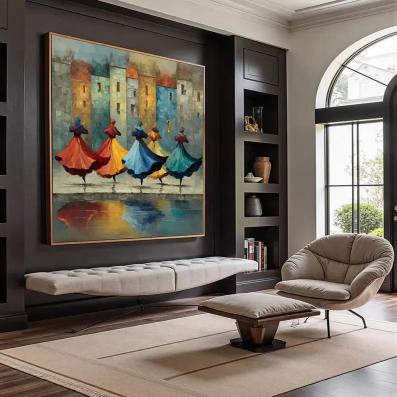 Colorful Dancing Figures Wall Art – Abstract Cityscape Reflection Painting#yy260623083
