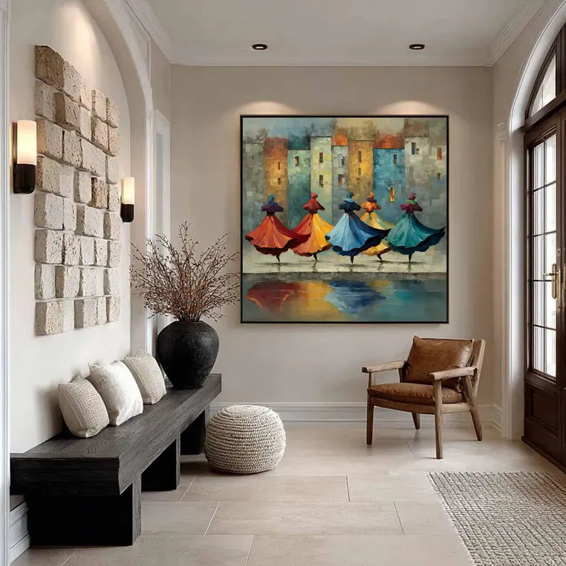 Colorful Dancing Figures Wall Art – Abstract Cityscape Reflection Painting#yy260623083