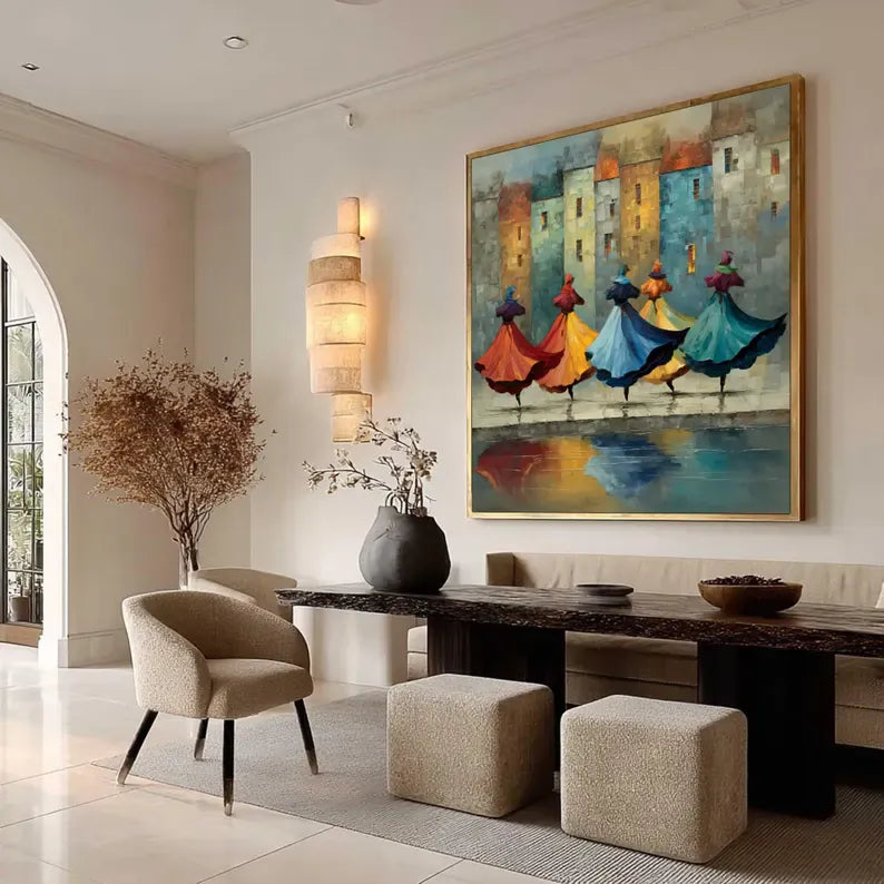 Colorful Dancing Figures Wall Art – Abstract Cityscape Reflection Painting#yy260623083