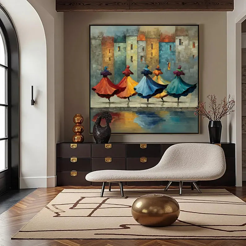 Colorful Dancing Figures Wall Art – Abstract Cityscape Reflection Painting#yy260623083