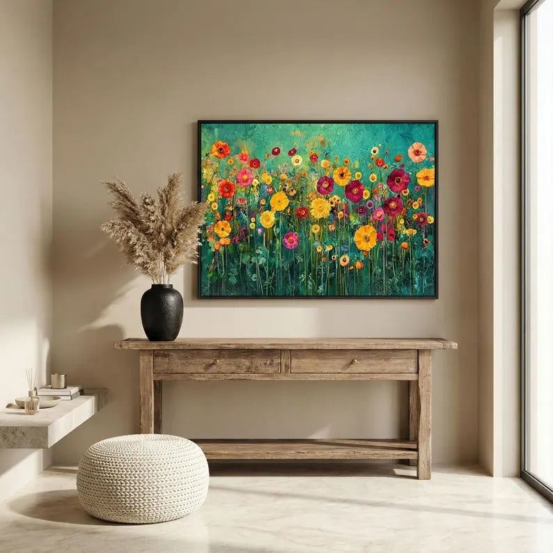 Colorful Floral Textured Oil Painting Wall Art – Abstract Flower Garden Canvas Artwork#yy260623084