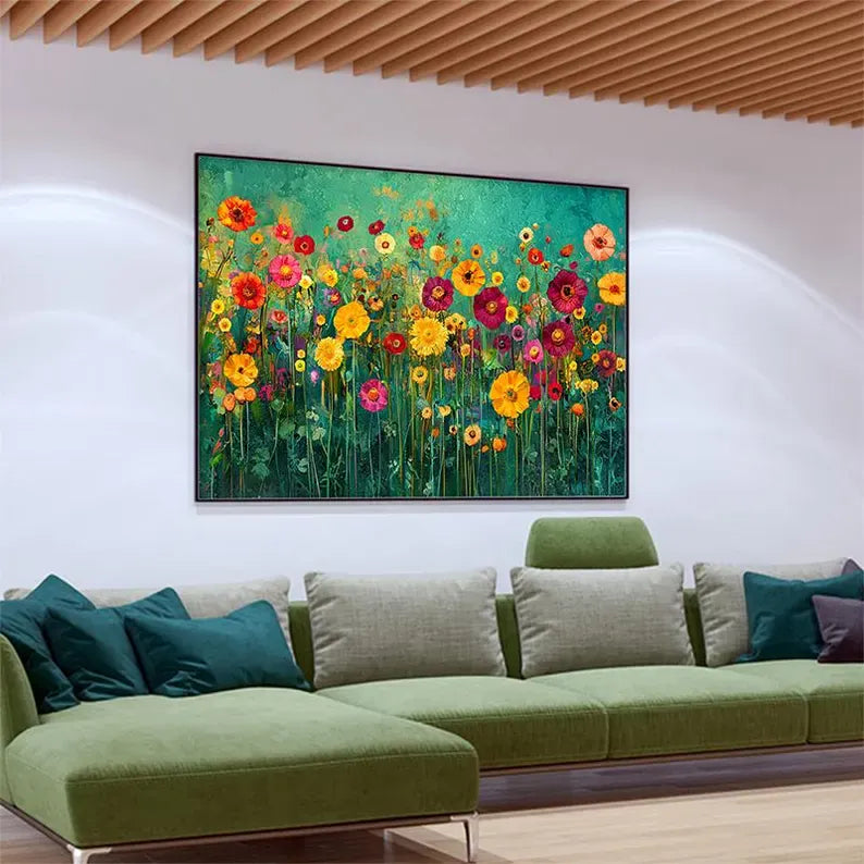 Colorful Floral Textured Oil Painting Wall Art – Abstract Flower Garden Canvas Artwork#yy260623084