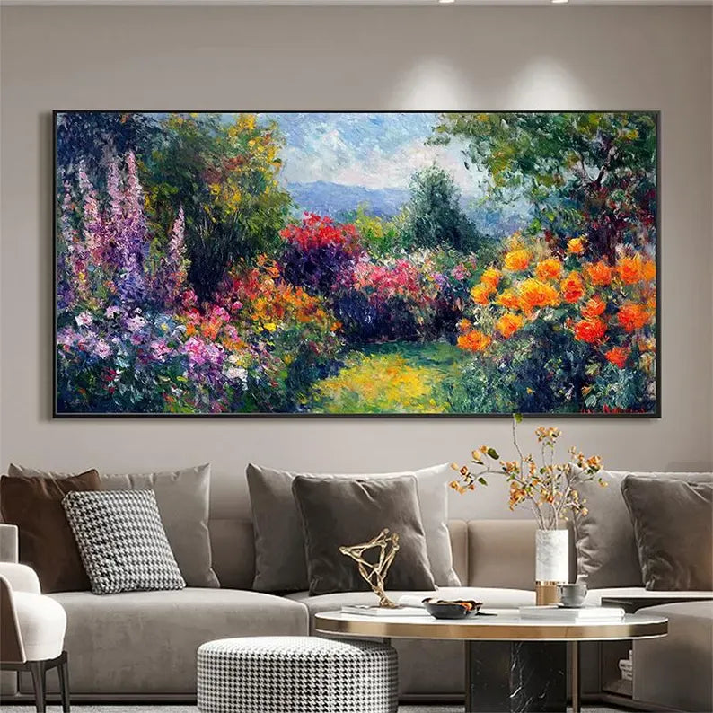 Impressionist Garden Landscape Oil Painting Wall Art – Colorful Floral Path Canvas Artwork#yy260623085