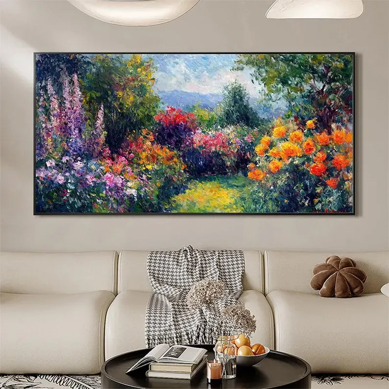 Impressionist Garden Landscape Oil Painting Wall Art – Colorful Floral Path Canvas Artwork#yy260623085