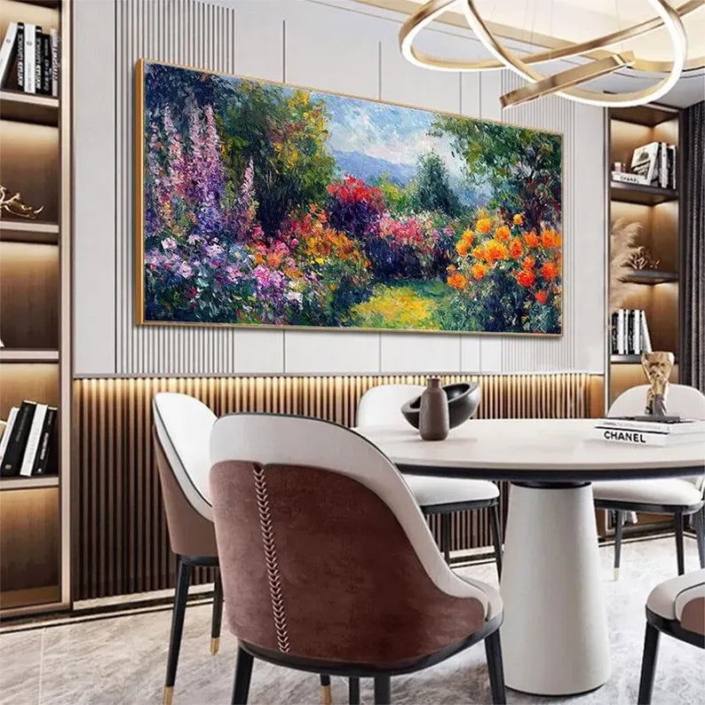 Impressionist Garden Landscape Oil Painting Wall Art – Colorful Floral Path Canvas Artwork#yy260623085