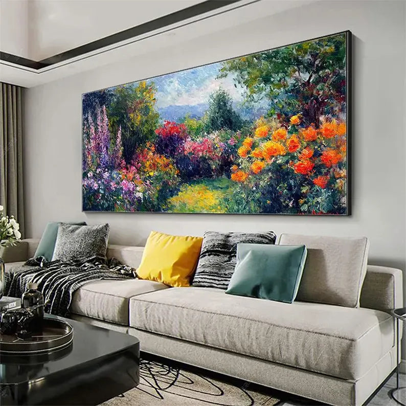 Impressionist Garden Landscape Oil Painting Wall Art – Colorful Floral Path Canvas Artwork#yy260623085