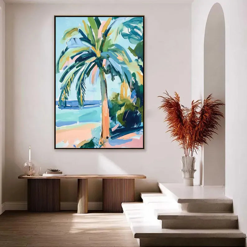Abstract Palm Tree Beach Oil Painting Wall Art – Tropical Coastal Canvas Artwork#yy260623086