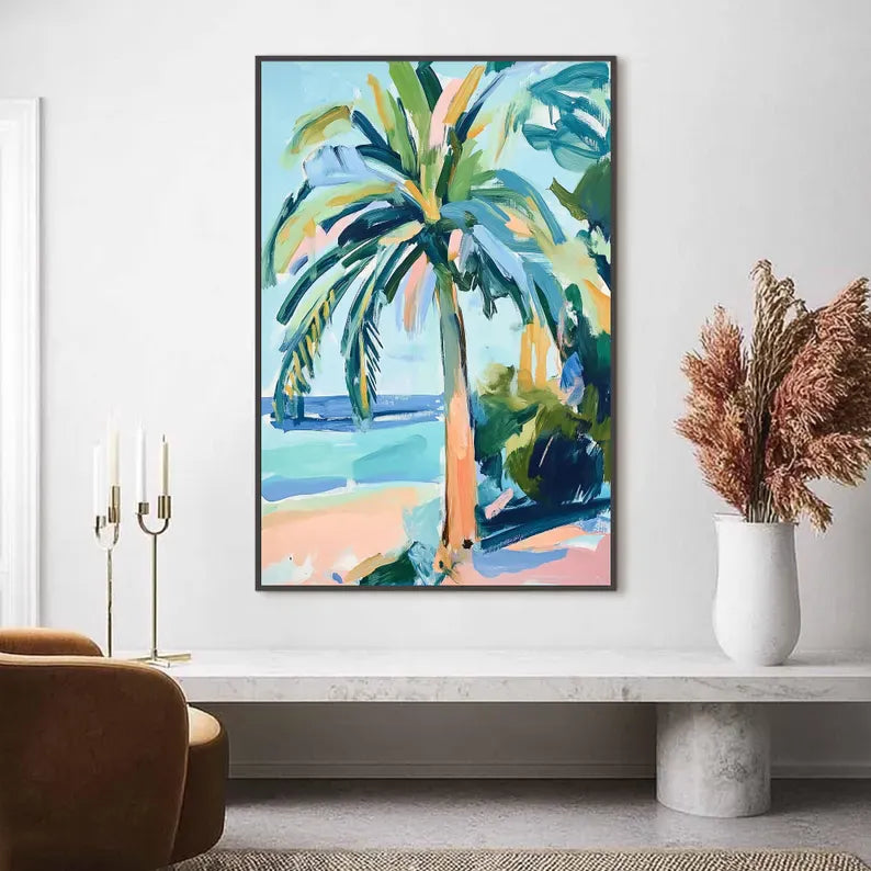 Abstract Palm Tree Beach Oil Painting Wall Art – Tropical Coastal Canvas Artwork#yy260623086