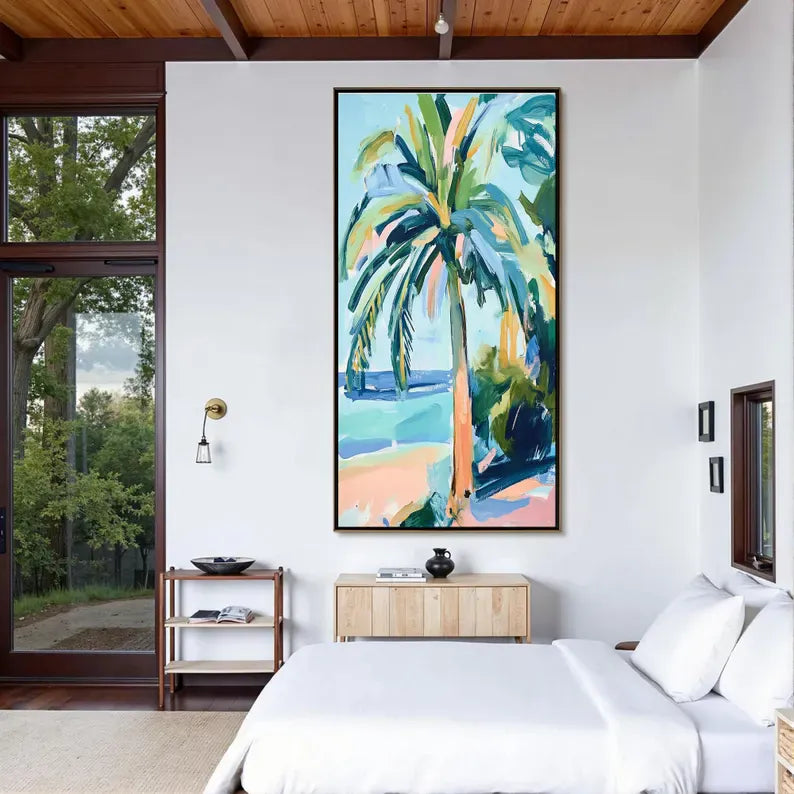 Abstract Palm Tree Beach Oil Painting Wall Art – Tropical Coastal Canvas Artwork#yy260623086
